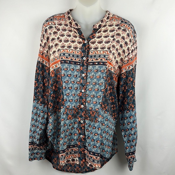 Free People Blue Patchwork Caravan Button Down Top Blouse Size M - Picture 6 of 11